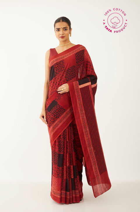 Red Pure Cotton Ajrakh Block Print Saree