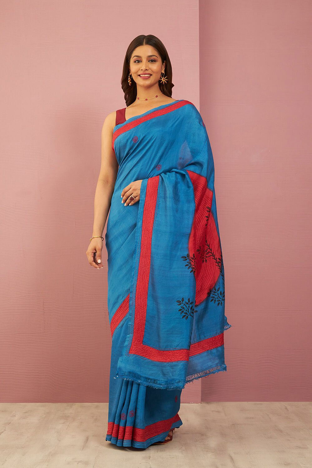 Blue Bengal Pure Silk Kantha Embroidered Saree image number null