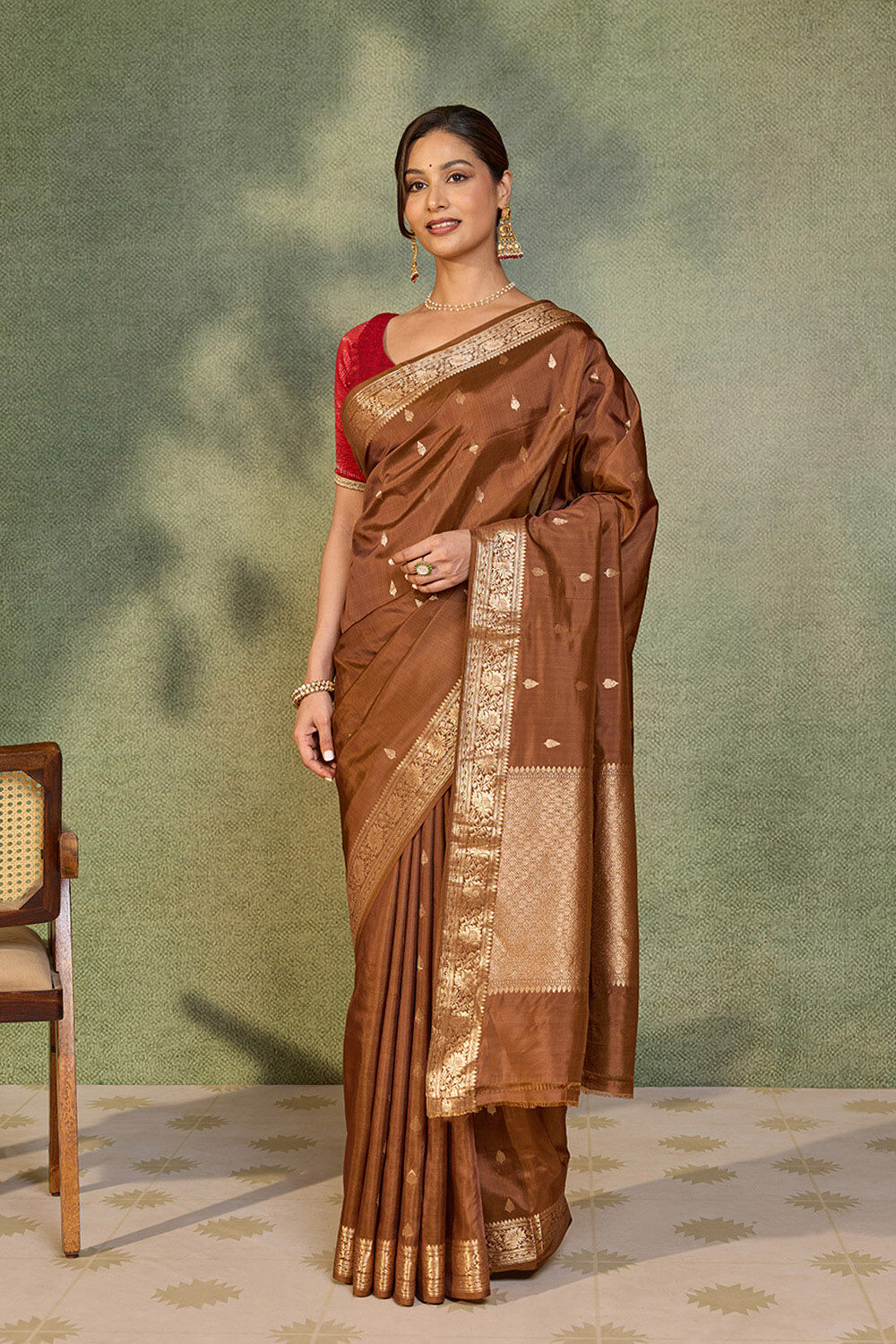 Brown Silk Viscose Cutwork Banaras  Saree image number null