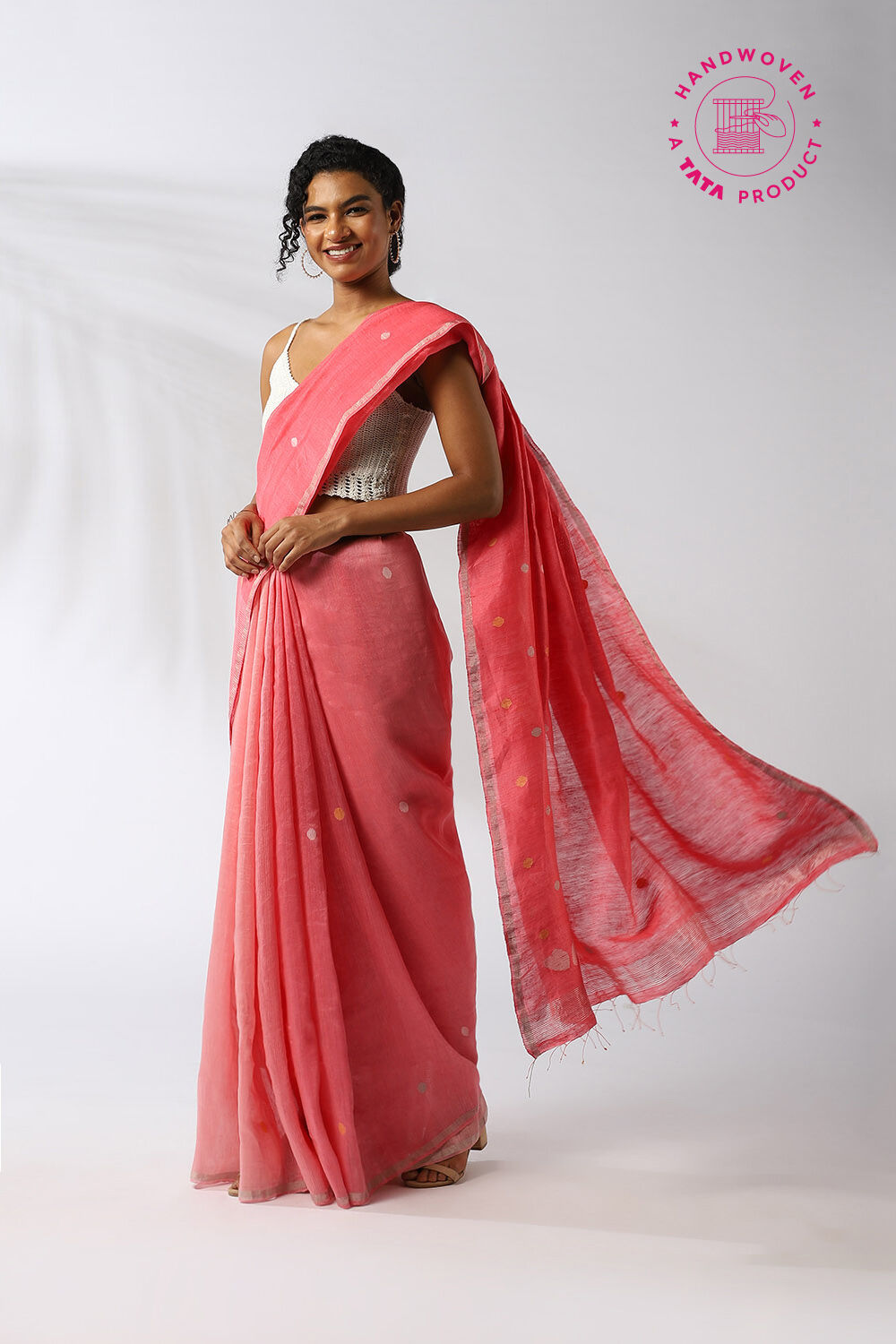 Light Pink Pure Silk Linen Jamdani Saree image number null