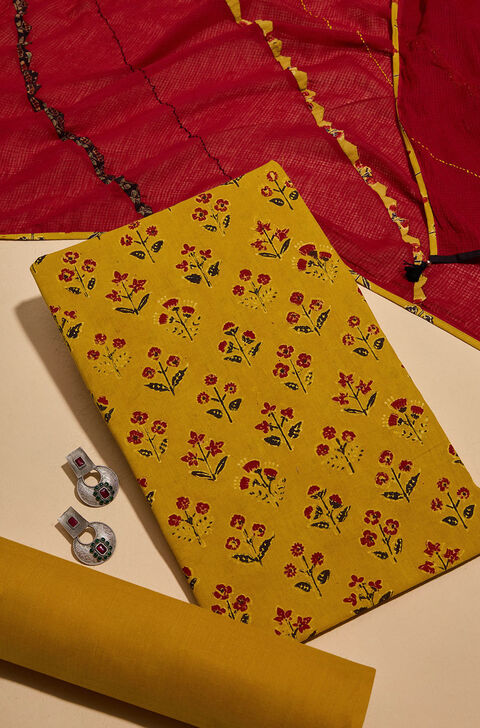 Yellow Pure Cotton Ajrakh Unstitched Suit Set