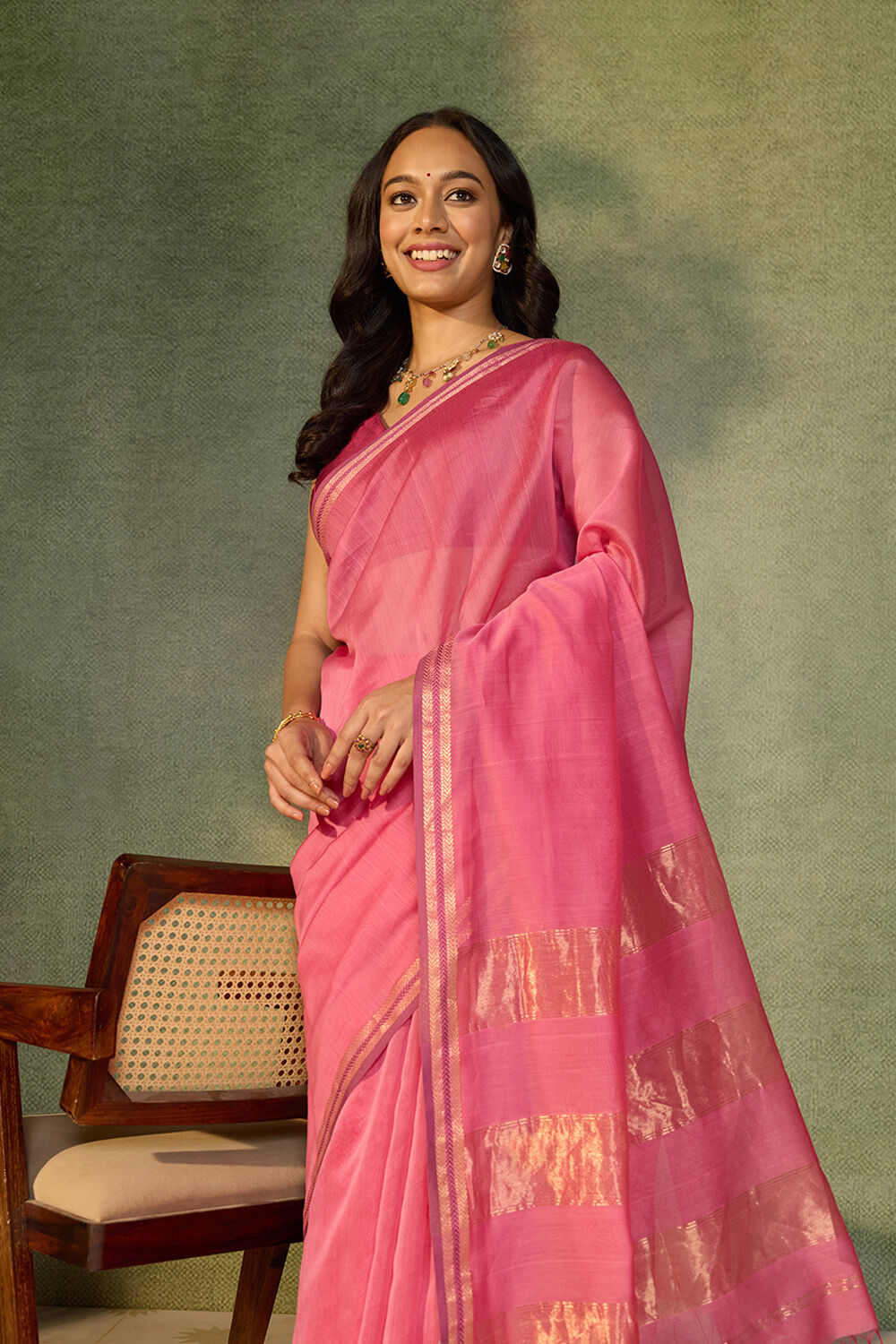 Pink Woven Pure Silk Cotton Maheshwari Saree image number null