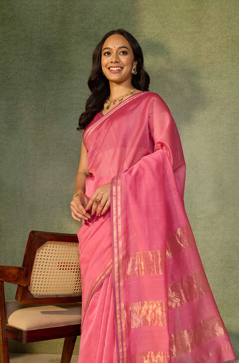 Pink Woven Pure Silk Cotton Maheshwari Saree