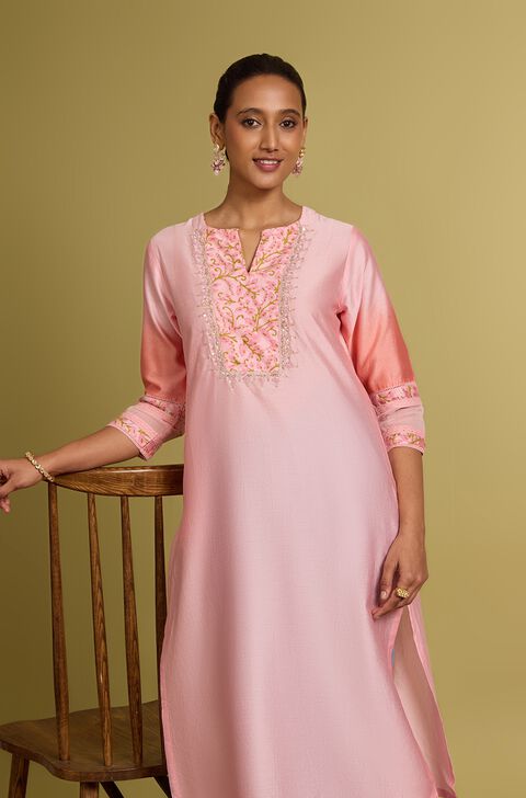 Light Pink Pure Silk Cotton Printed Embroidery Kurta