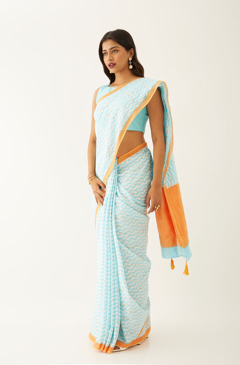 Light Blue Pure Cotton Mulmul Printed Saree