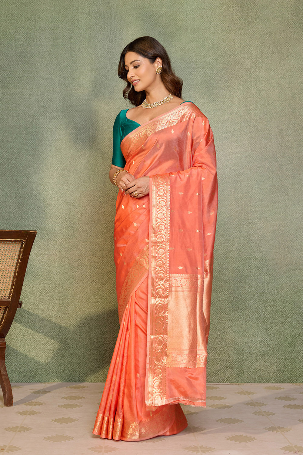 Orange Silk Viscose Cutwork Banarasi Saree image number null