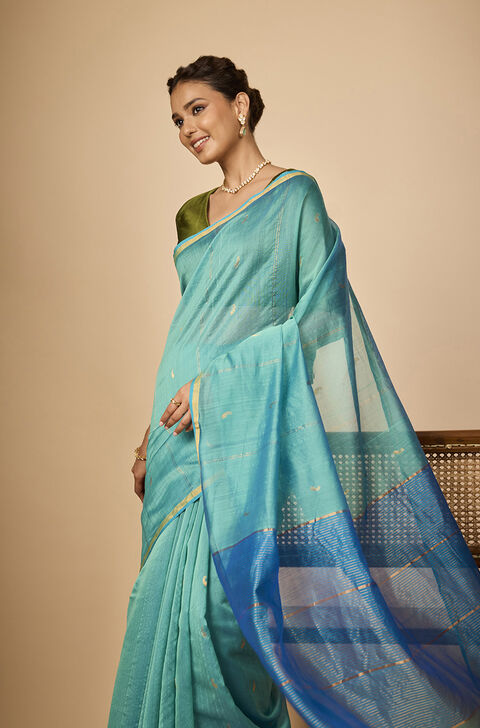 Blue Woven Pure Silk Cotton Chanderi Saree