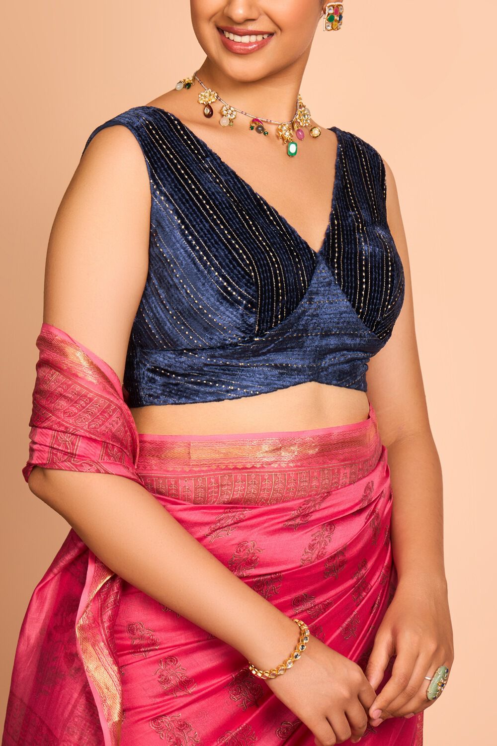 Dark Blue Viscose Embroidered Blouse image number null