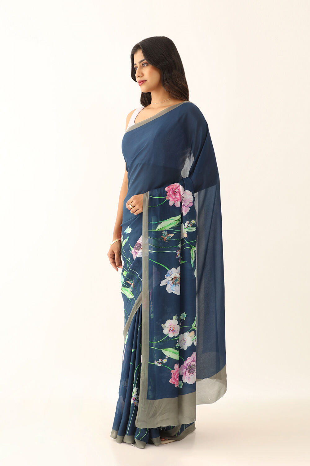 Blue Viscose Crepe Digital Print Saree image number null