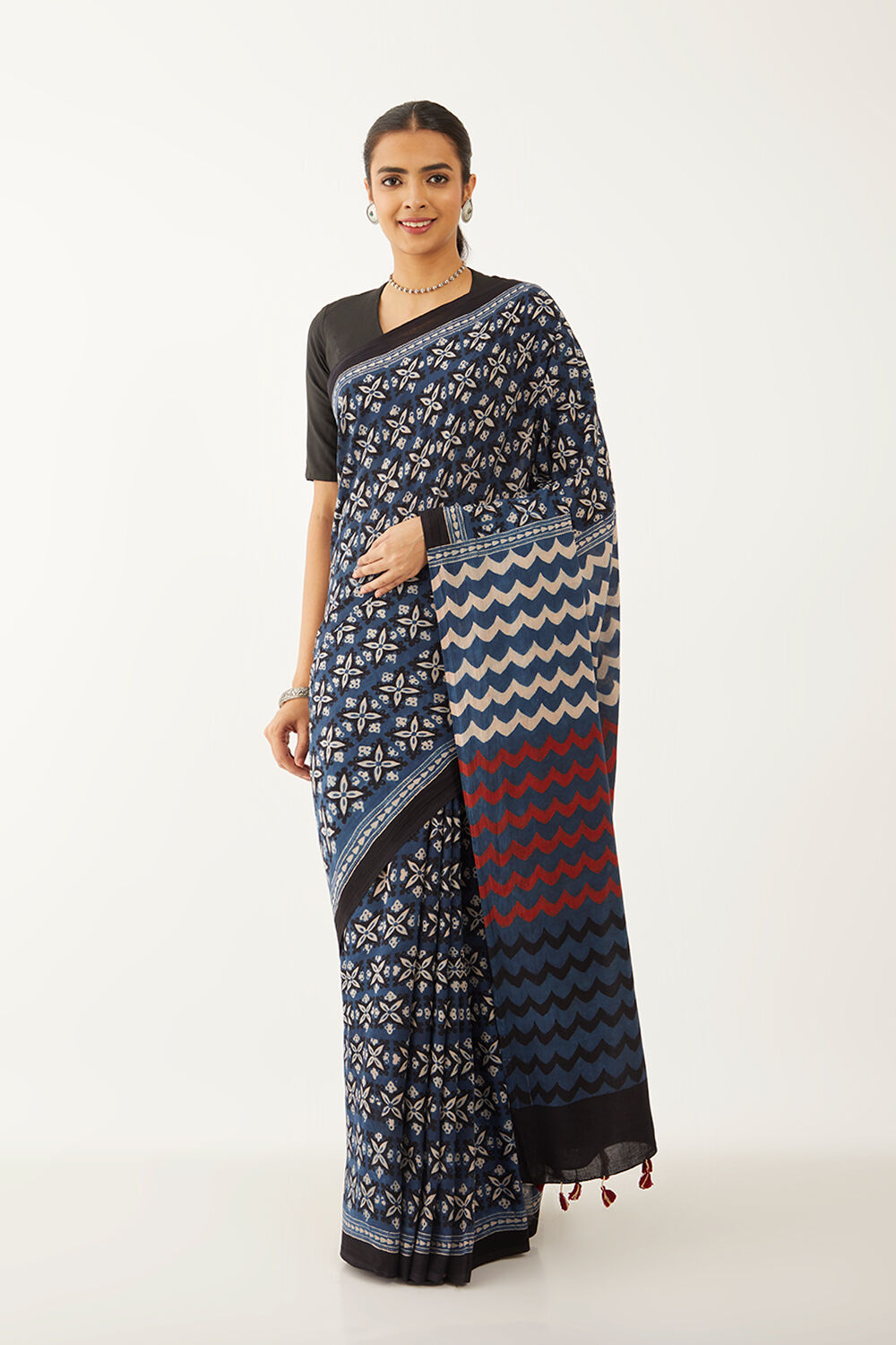 Blue Pure Cotton Ajrakh Block Print Saree image number null