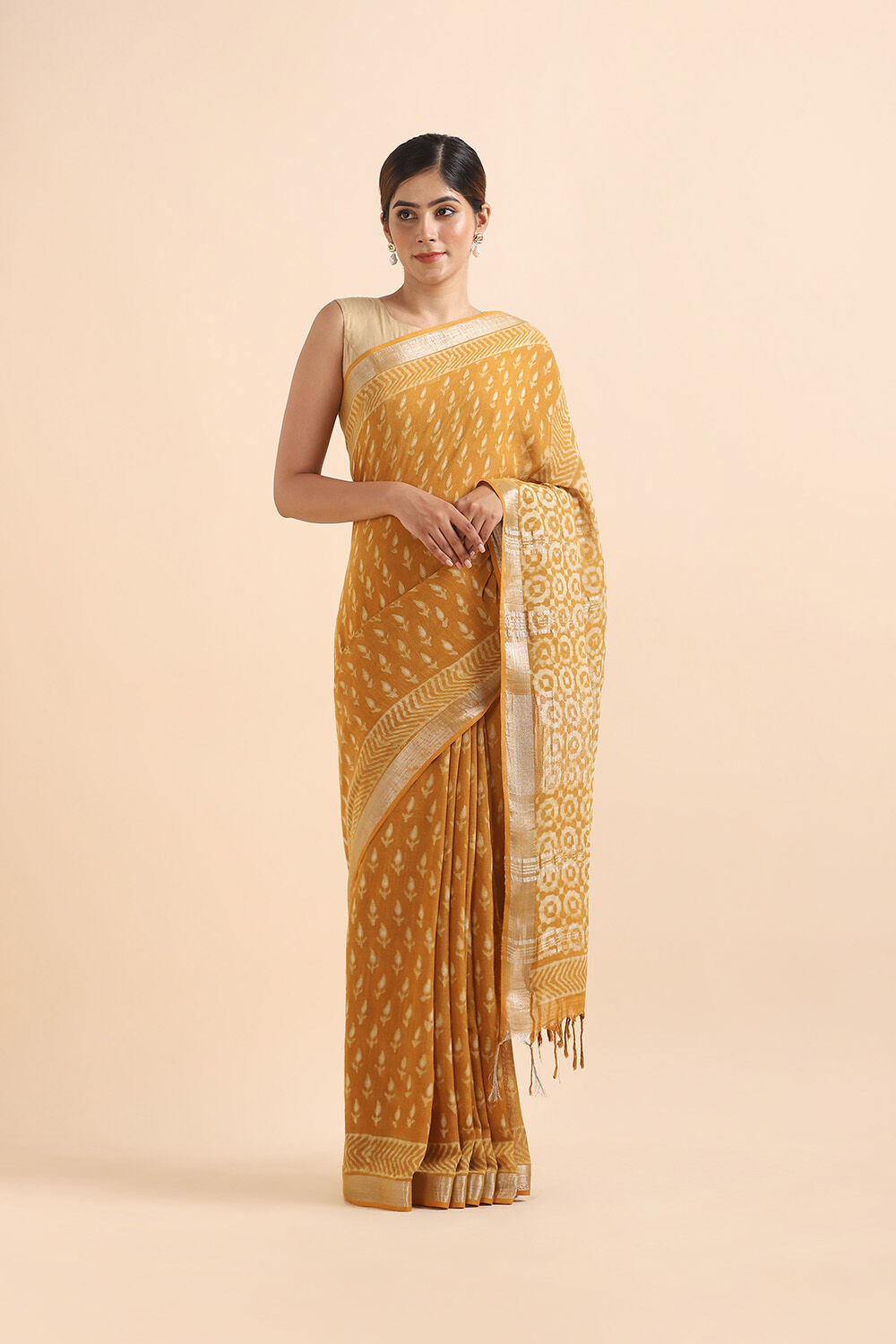 Yellow Pure Cotton Linen Bagru Printed Saree image number null