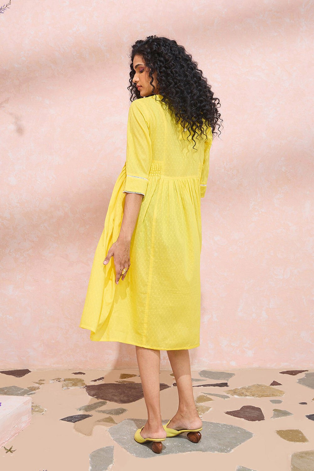 Yellow Cotton Viscose Embroidered Dress image number null