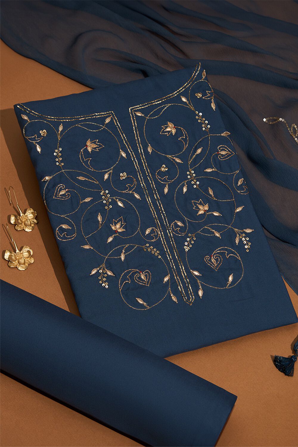 Dark Blue Viscose Gotta Patti Unstitched Suit Set image number null