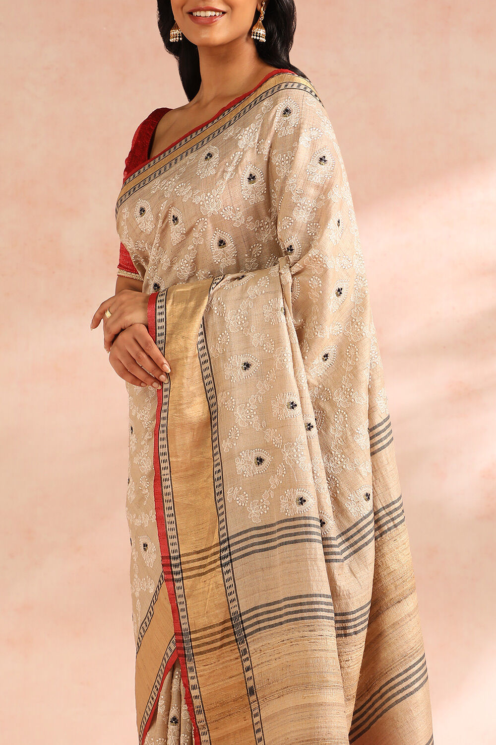 Beige Pure Tussar Silk Embroidery Saree image number null
