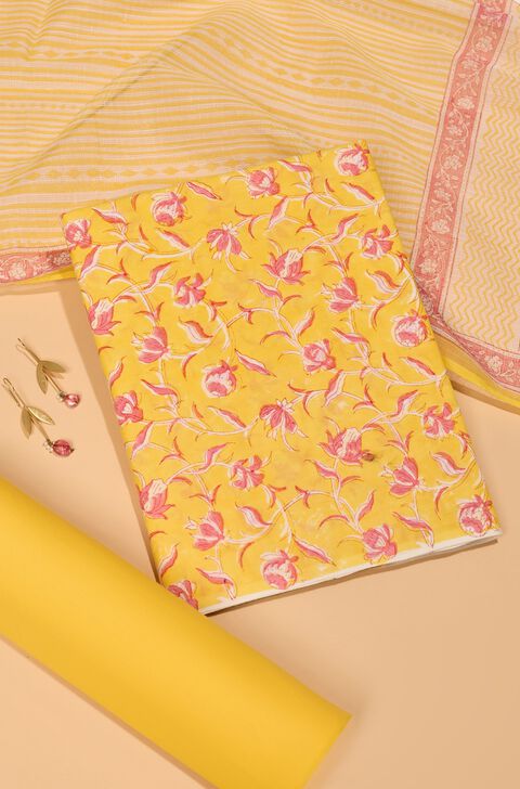 Yellow Block Printed Pure Cotton Unstitched Suit Set