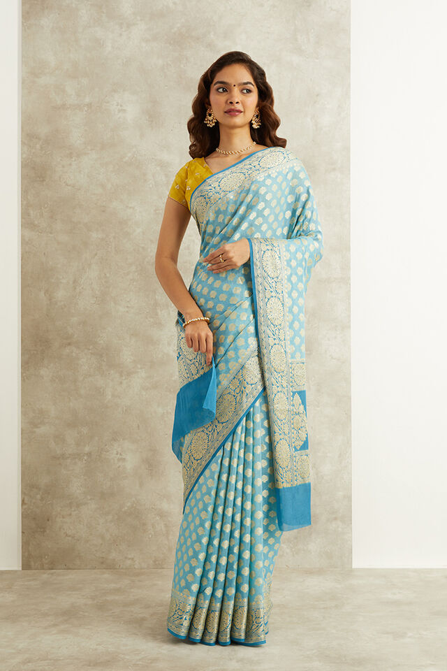 Blue Pure Silk Georgette Banarasi Cutwork Saree