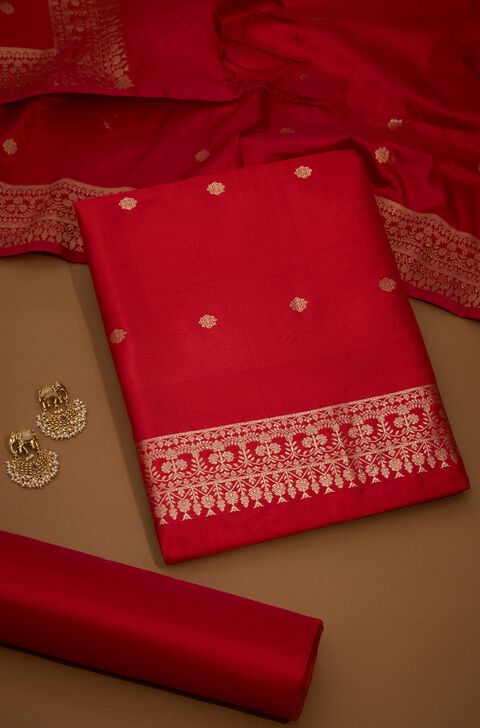 Red Woven Pure Silk Unstitched Suit Set