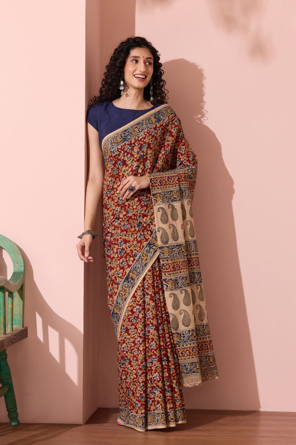 Red Printed Kalamkari Machilipatnam Pure Cotton Saree image number null