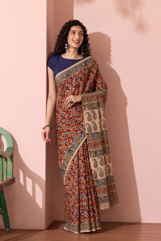 Red Printed Kalamkari Machilipatnam Pure Cotton Saree thumbnail image number null