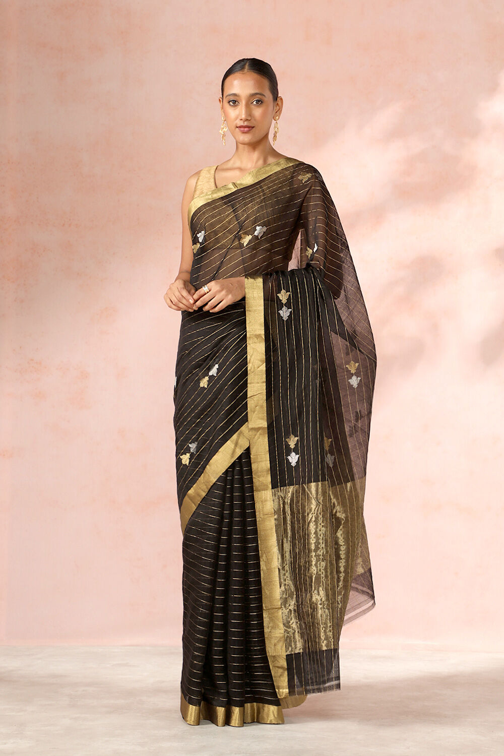 Black Chanderi Pure Silk Cotton Woven Saree image number null