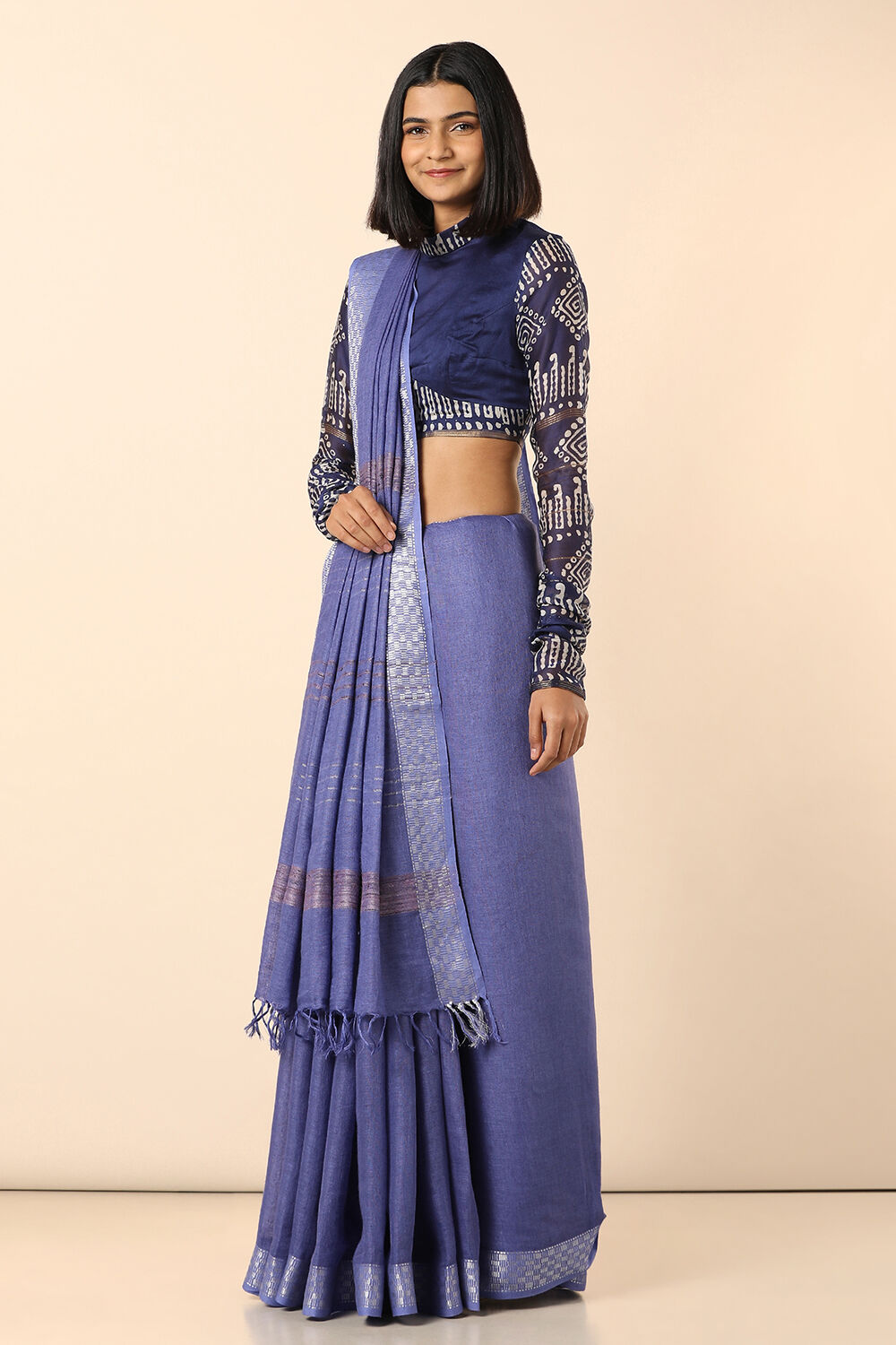 Blue Pure Linen Bhagalpuri Saree image number null