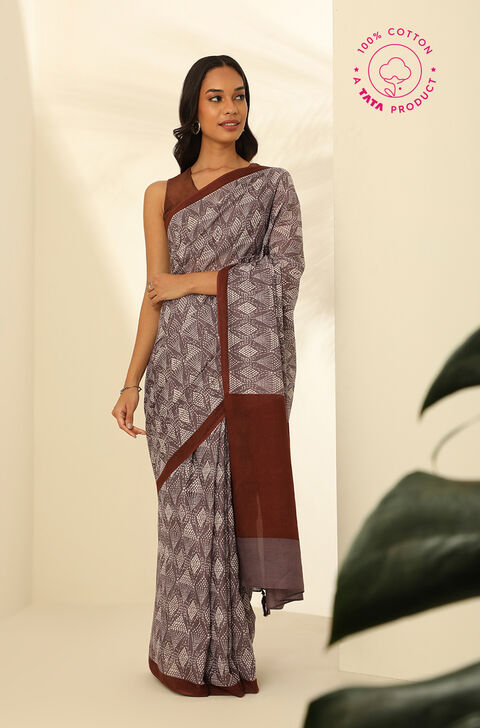 Brown Pure Cotton Mulmul Printed Saree