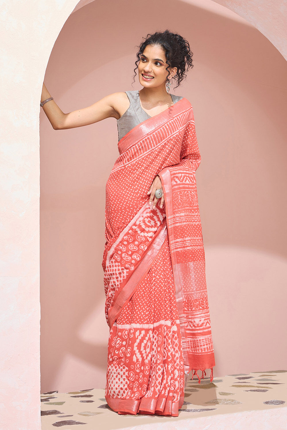 Orange Rajasthan Cotton Viscose Dabu Block Printed Saree image number null