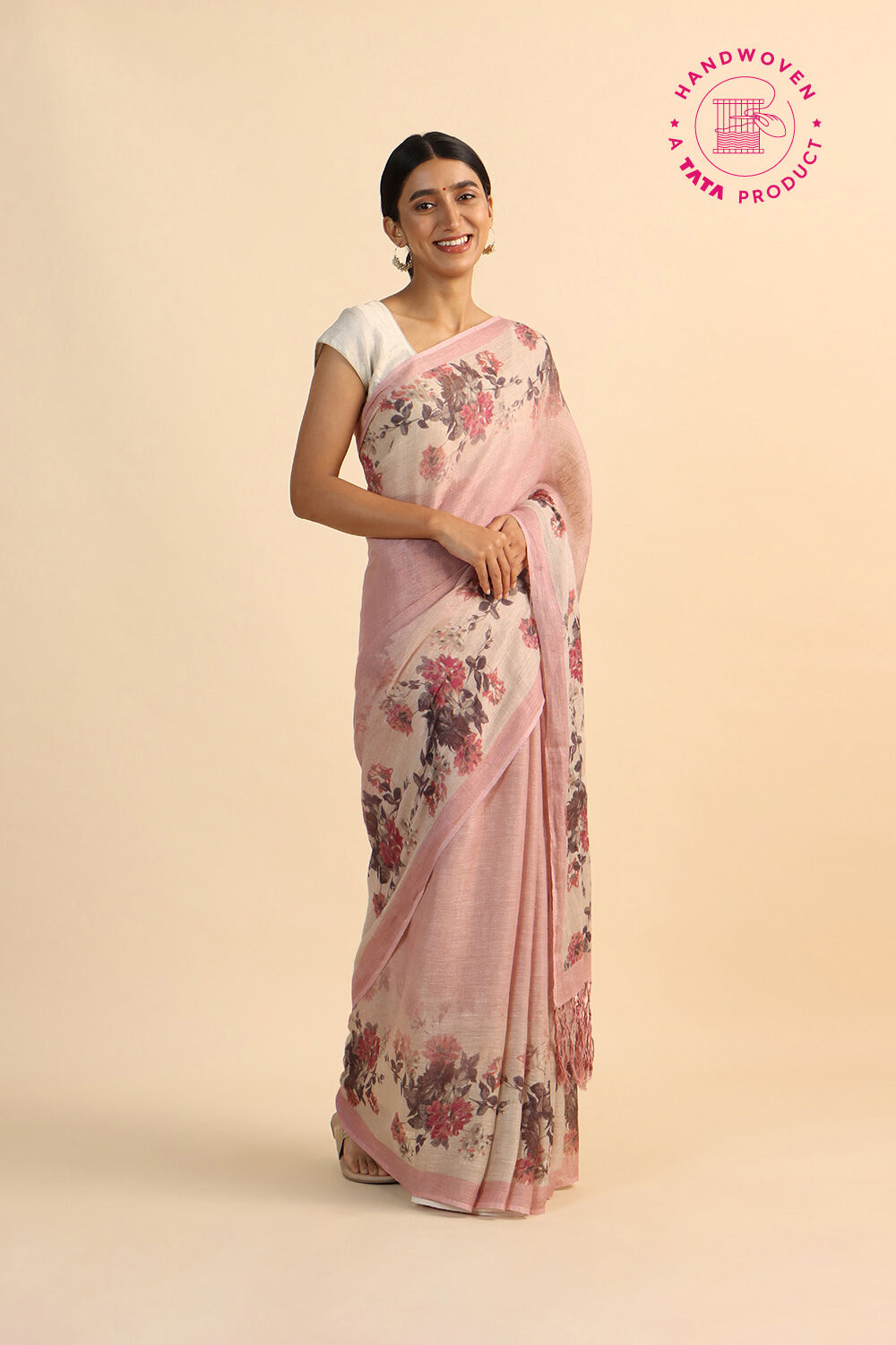 Light Pink Pure Linen Digital Printed Saree image number null