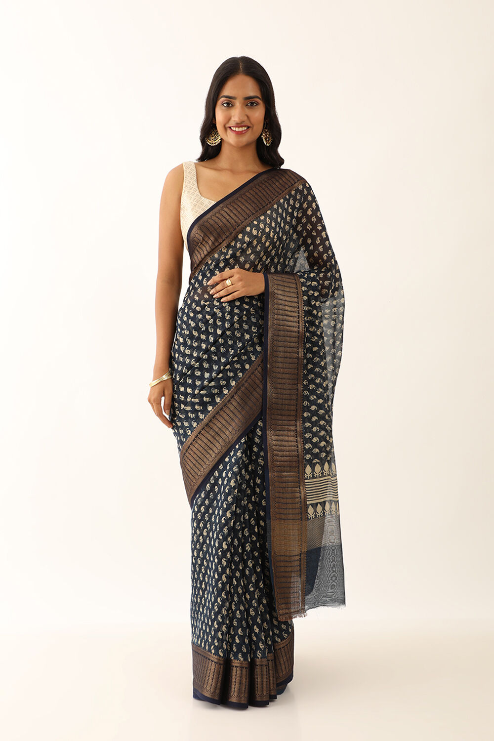 Dark Blue Pure Silk Cotton Block Printed Saree image number null