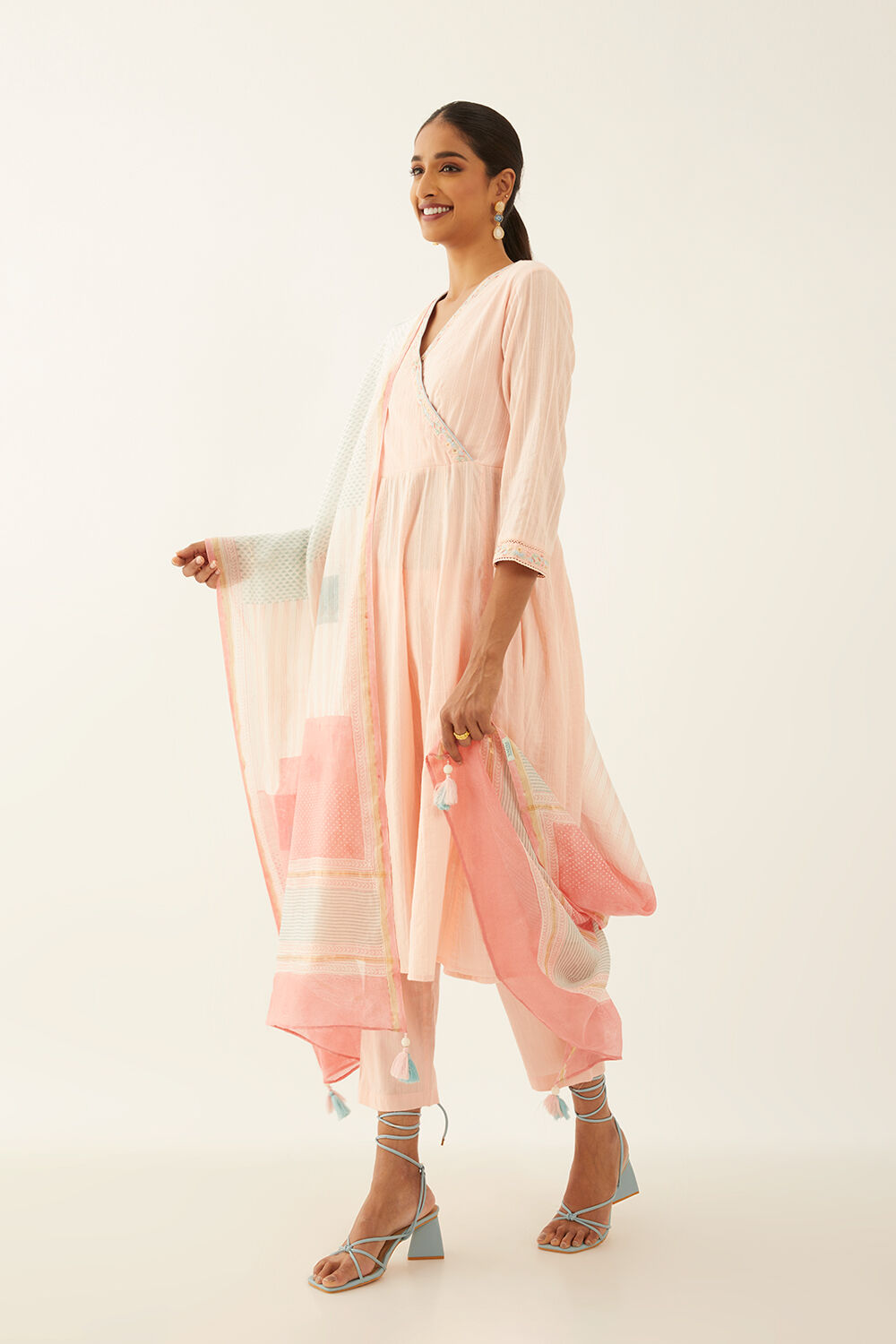 Light Pink Cotton Block Printed Kurta Set image number null