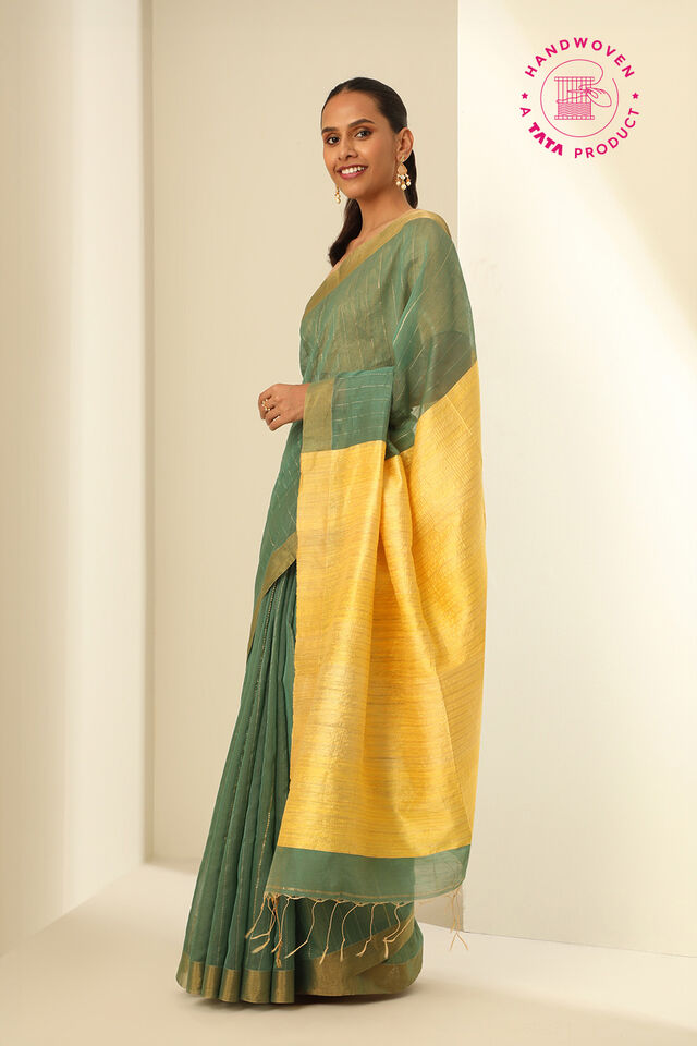 Green Pure Silk Cotton Woven Bengali Saree