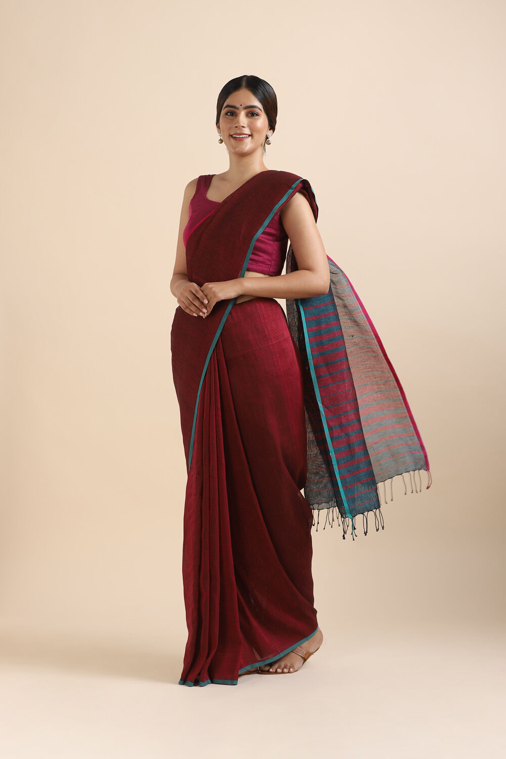 Red Pure Cotton Linen Bengal Saree image number null