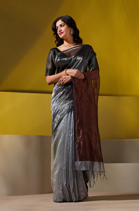 Grey Woven Pure Silk Tissue Maheshwari Saree