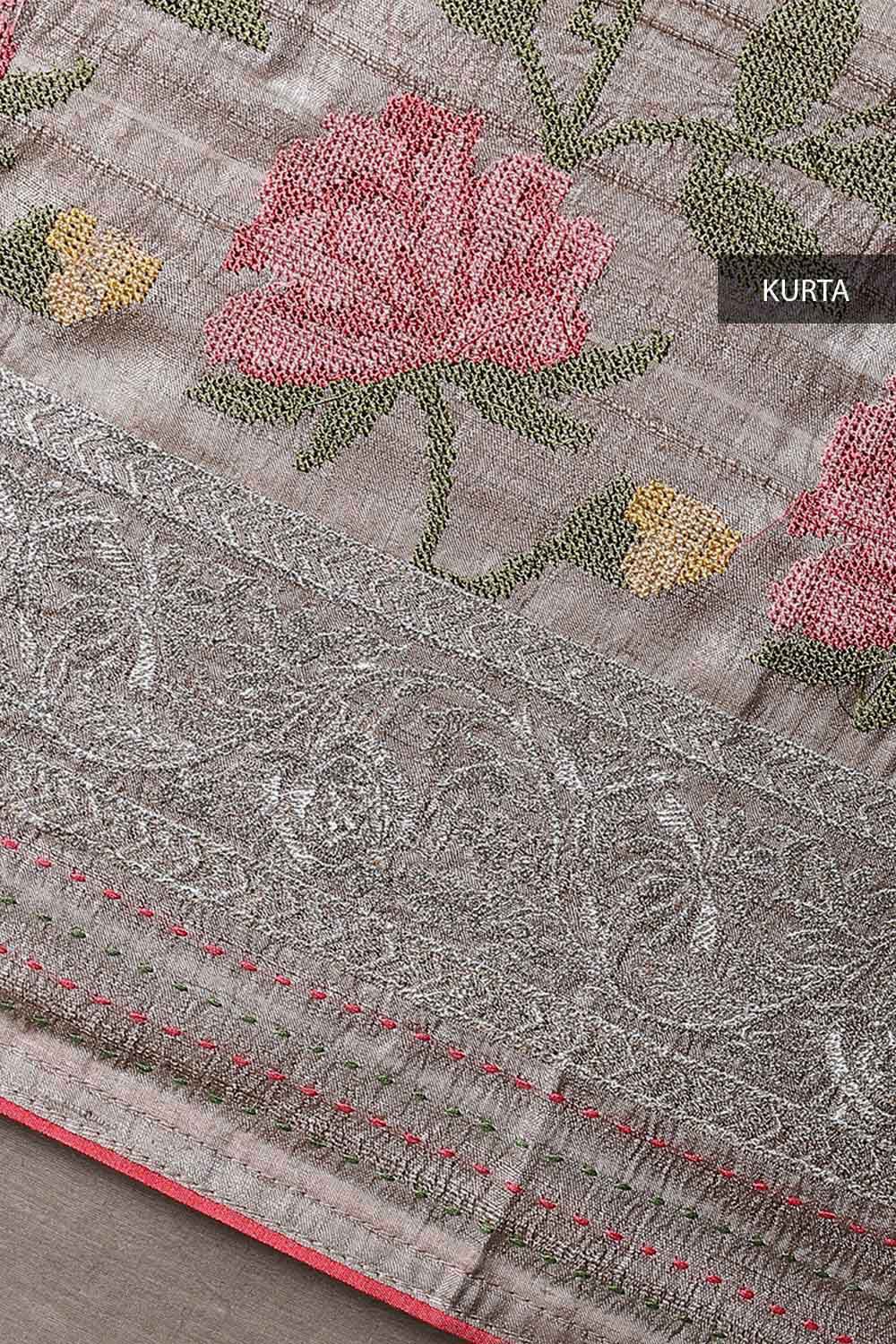 Grey Tussar Embroidered Unstitched Suit Set image number null