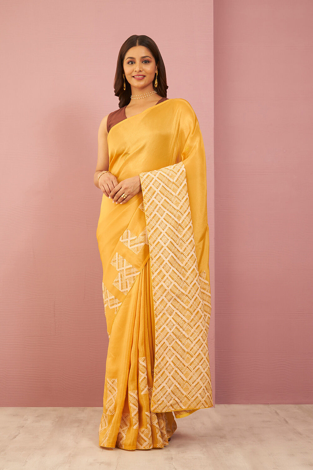 Yellow Pure Tissue Organza Printed Embroidery Saree image number null