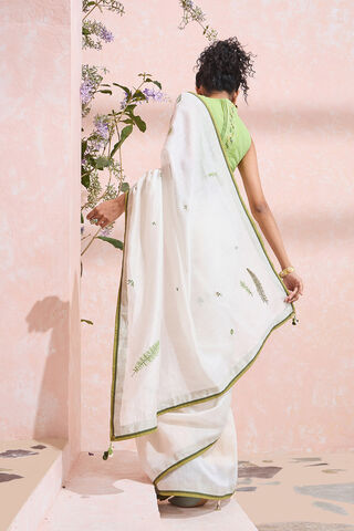 Off White Pure Silk Linen Embroidered Saree thumbnail image number null