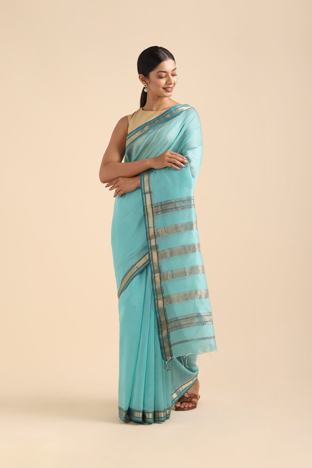 Light Blue Pure Silk Cotton Maheswari Saree image number null