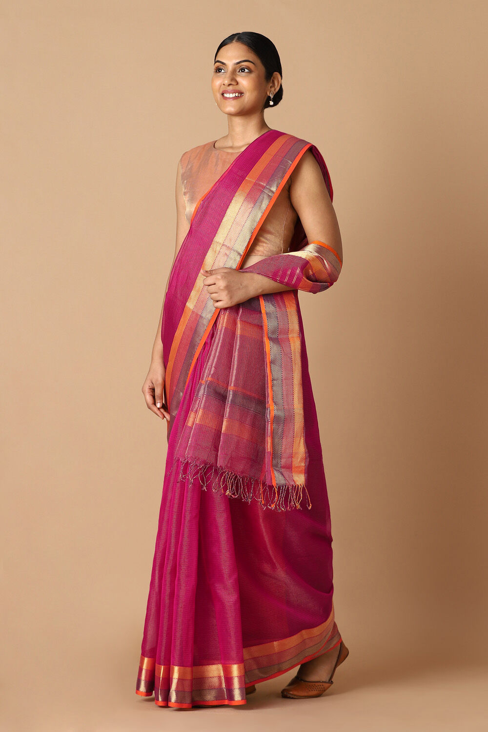 Dark Pink Pure Cotton Tissue Maheswari Saree image number null