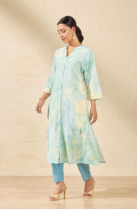 Light Blue Pure Cotton Marble Printed Kurta Set