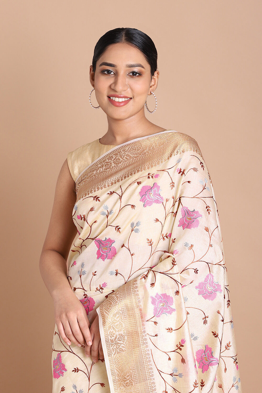 Beige Pure Embroidered Saree image number null