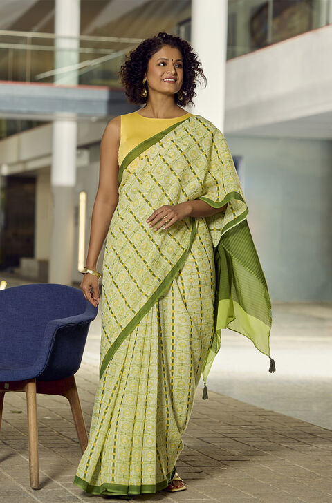 Light Green Pure Cotton Mulmul Screen Printed Saree