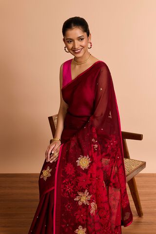 Dark Red Printed Embroidered Viscose Organza Saree image number