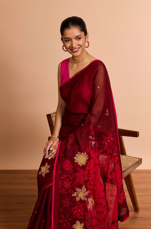 Dark Red Printed Embroidered Viscose Organza Saree