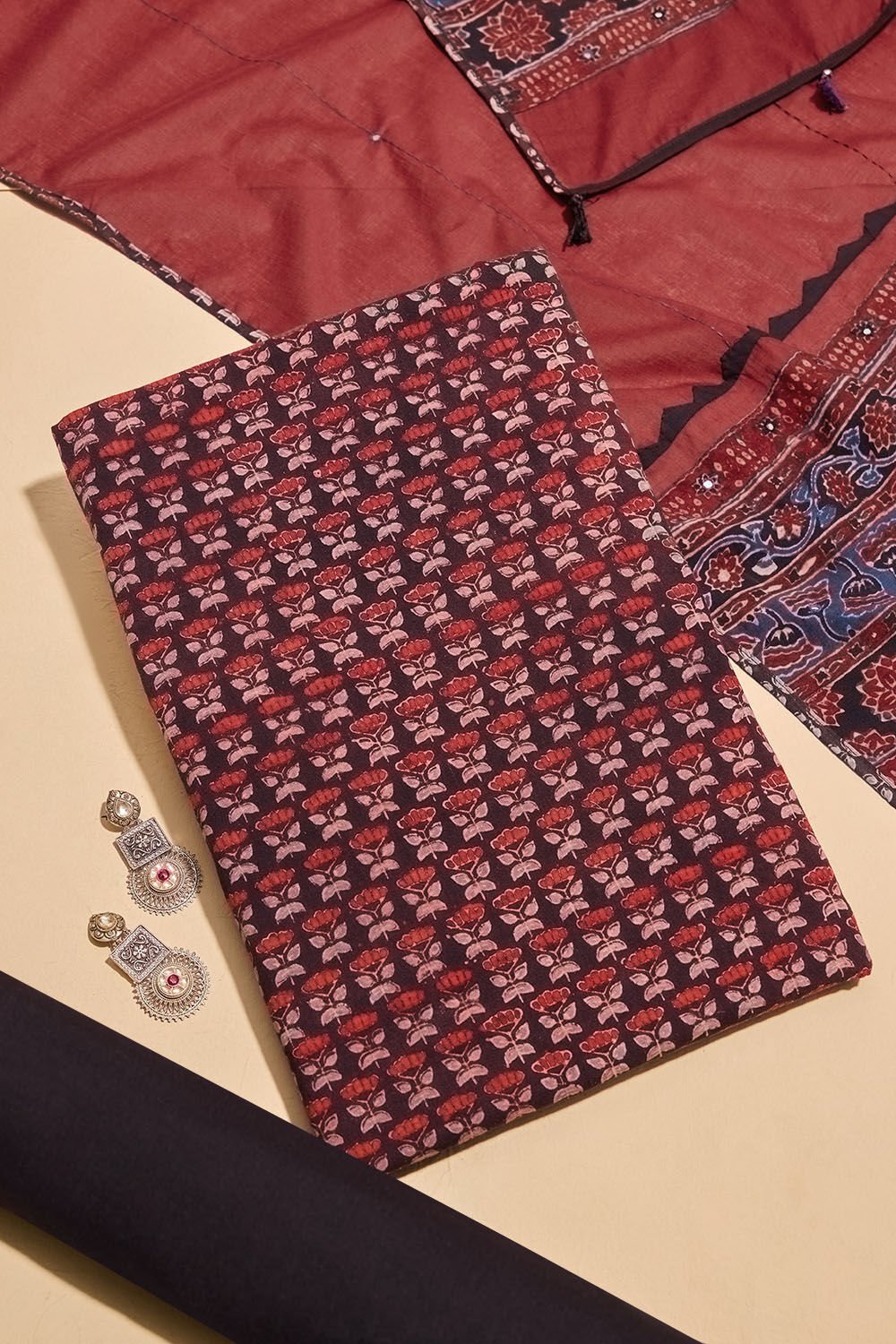 Maroon Pure Cotton Ajrakh Unstitched Suit Set image number null