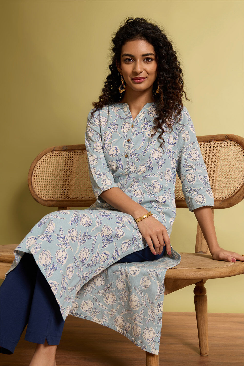 Light Blue Screen Printed Pure Cotton Linen Kurta image number null
