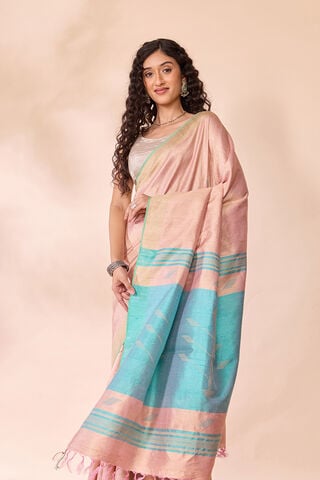 Light Pink Bhagalpur Woven Pure Tussar Silk Saree image number