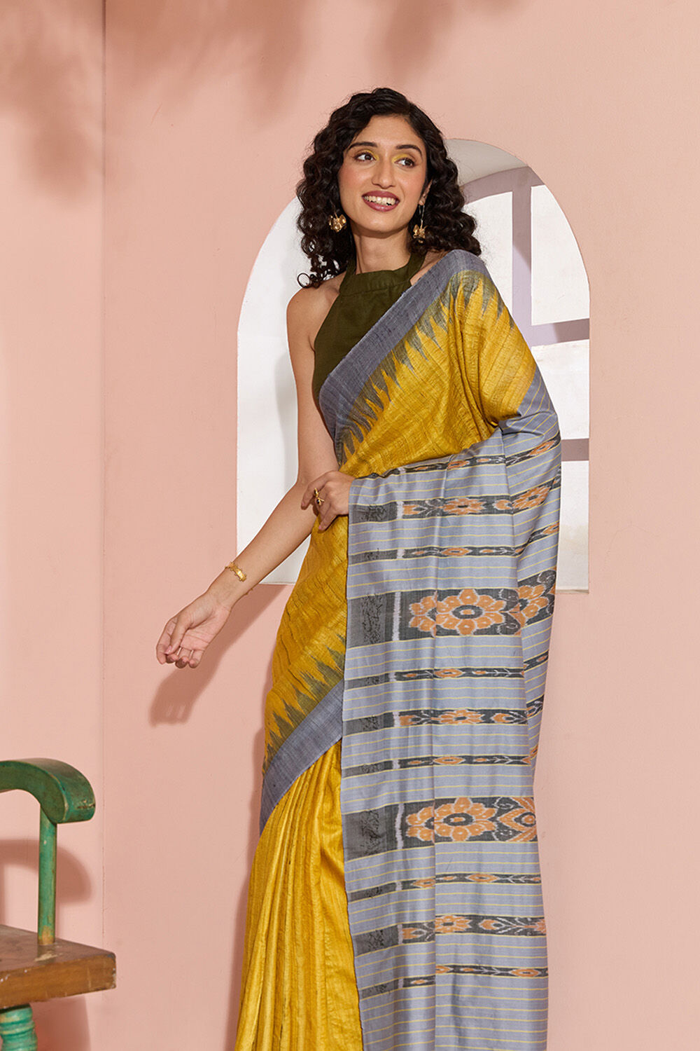 Yellow Ikat Pure Tussar Silk Gopalpur Saree image number null