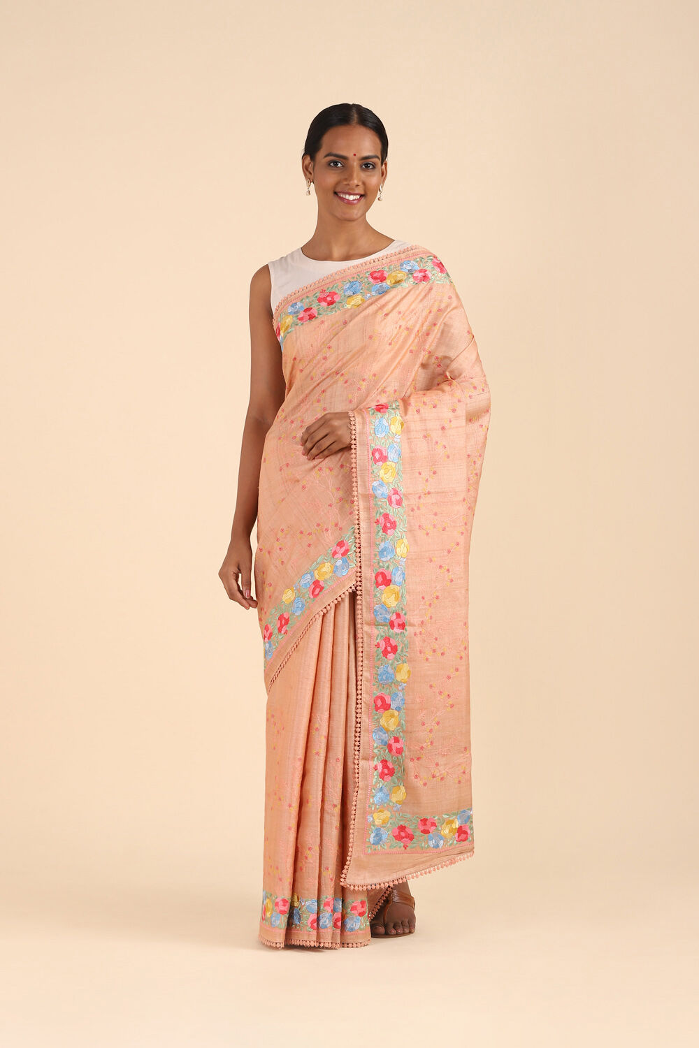 Light Orange Pure Tussar Silk Embroidered Saree image number null