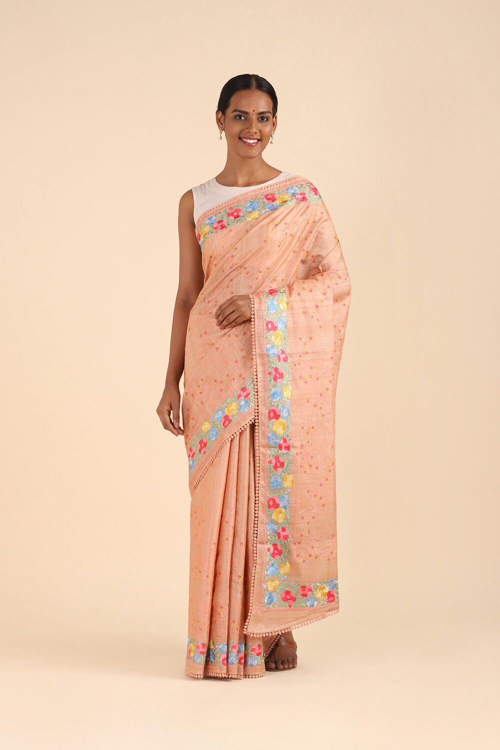 Light Orange Pure Tussar Silk Embroidered Saree image number null