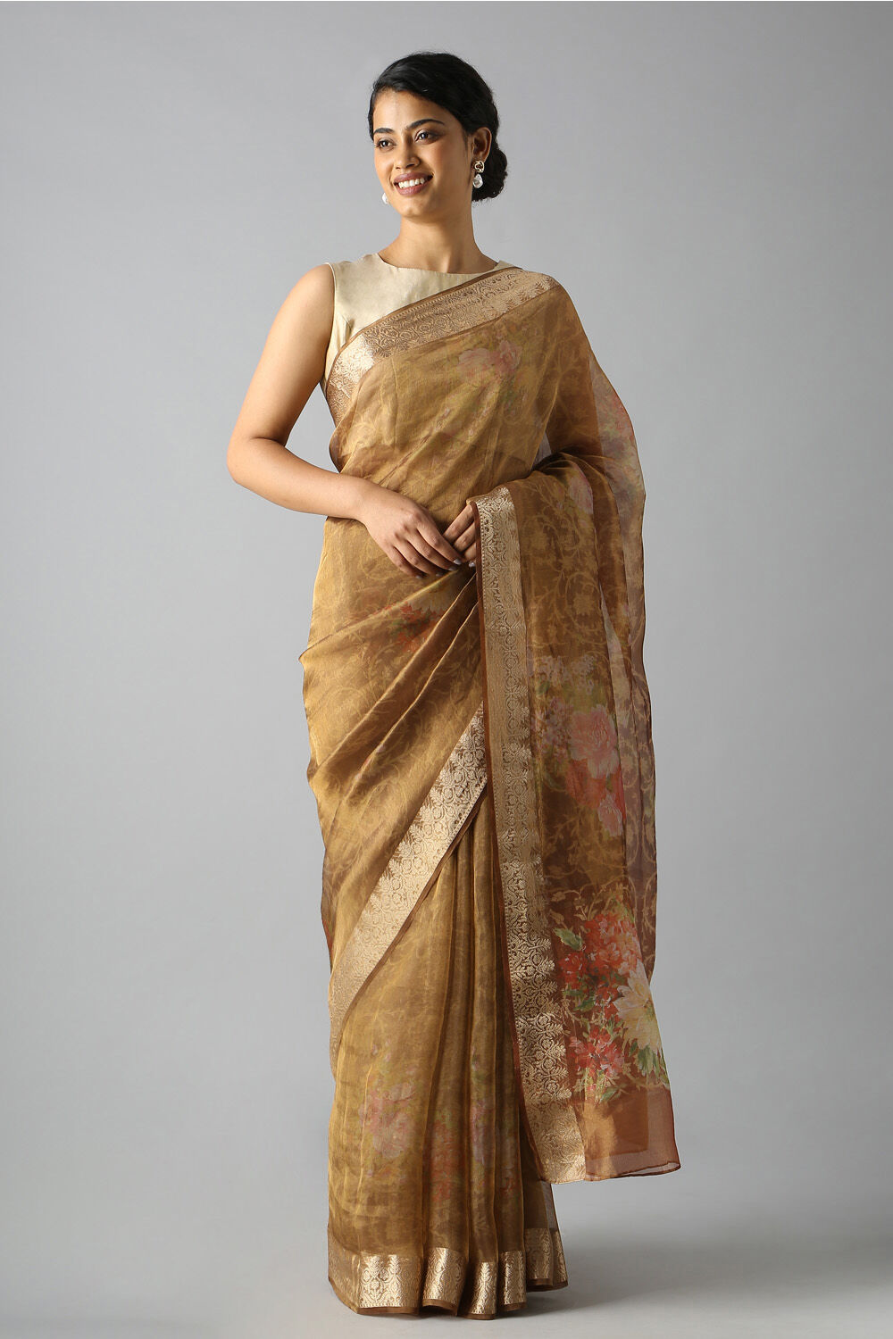 Brown Pure Tissue Silk Digital Printed Saree image number null